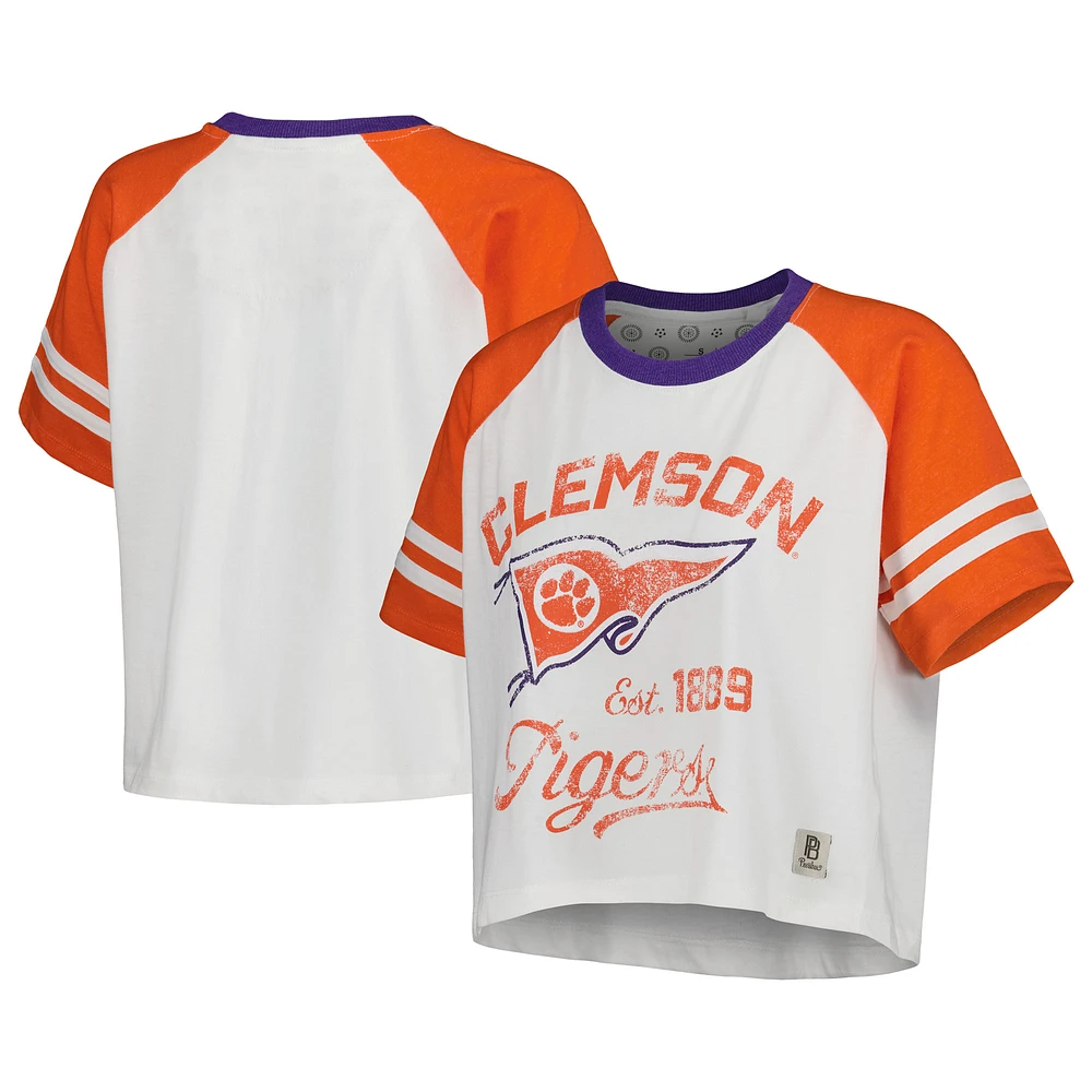 Women's Pressbox White Clemson Tigers Melange Beaumont Cropped Raglan T-Shirt