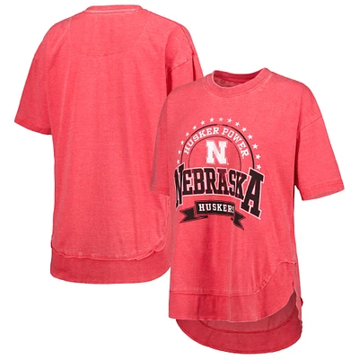 Women's Pressbox Scarlet Nebraska Huskers Vintage Wash Poncho Captain T-Shirt