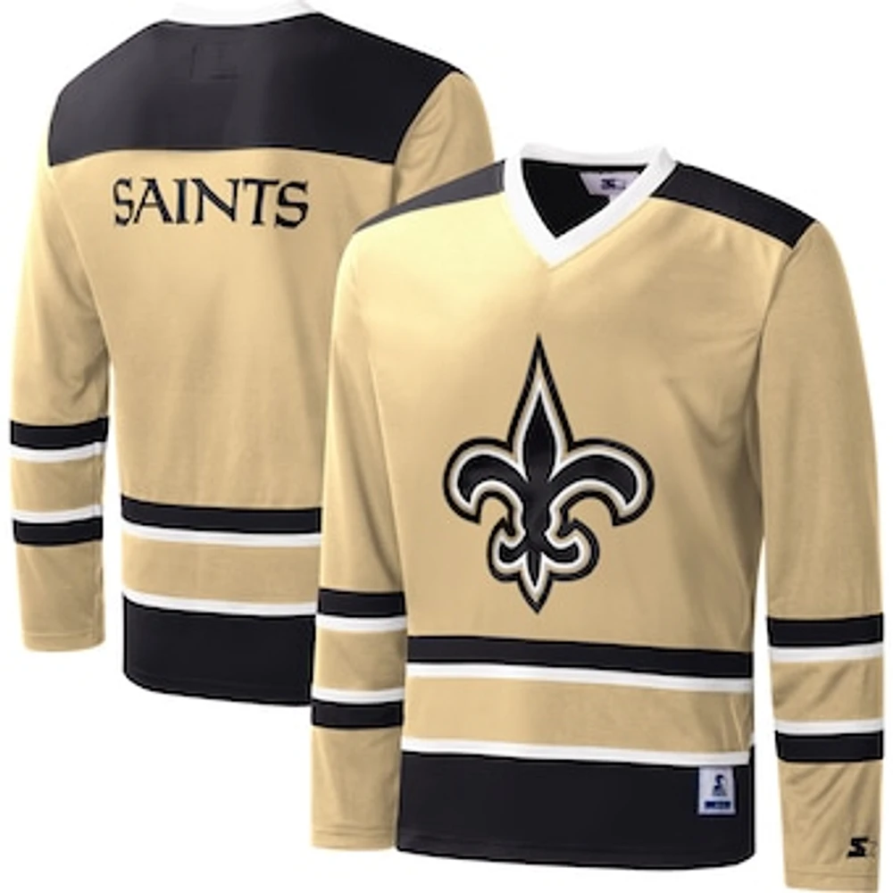 Men's Starter Gold New Orleans Saints Cross-Check V-Neck Long Sleeve T-Shirt