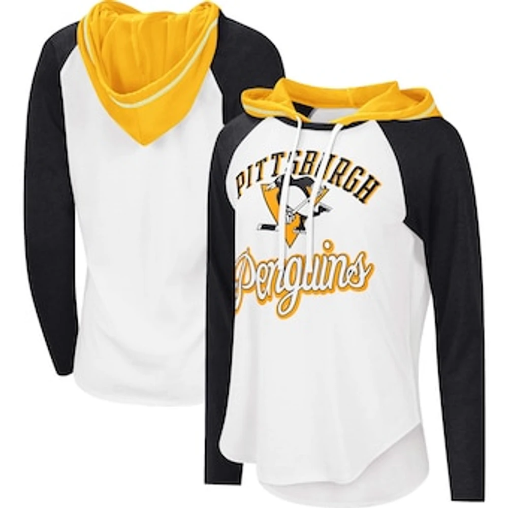 Women's G-III Sports by Carl Banks White/Heather Black Pittsburgh Penguins MVP Raglan Lightweight Hooded T-Shirt