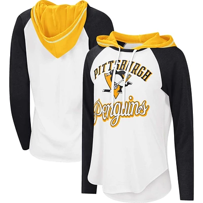 Women's G-III Sports by Carl Banks White/Heather Black Pittsburgh Penguins MVP Raglan Lightweight Hooded T-Shirt