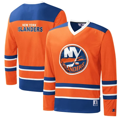 Men's Starter Orange/Royal New York Islanders Cross Check Jersey V-Neck Long Sleeve T-Shirt