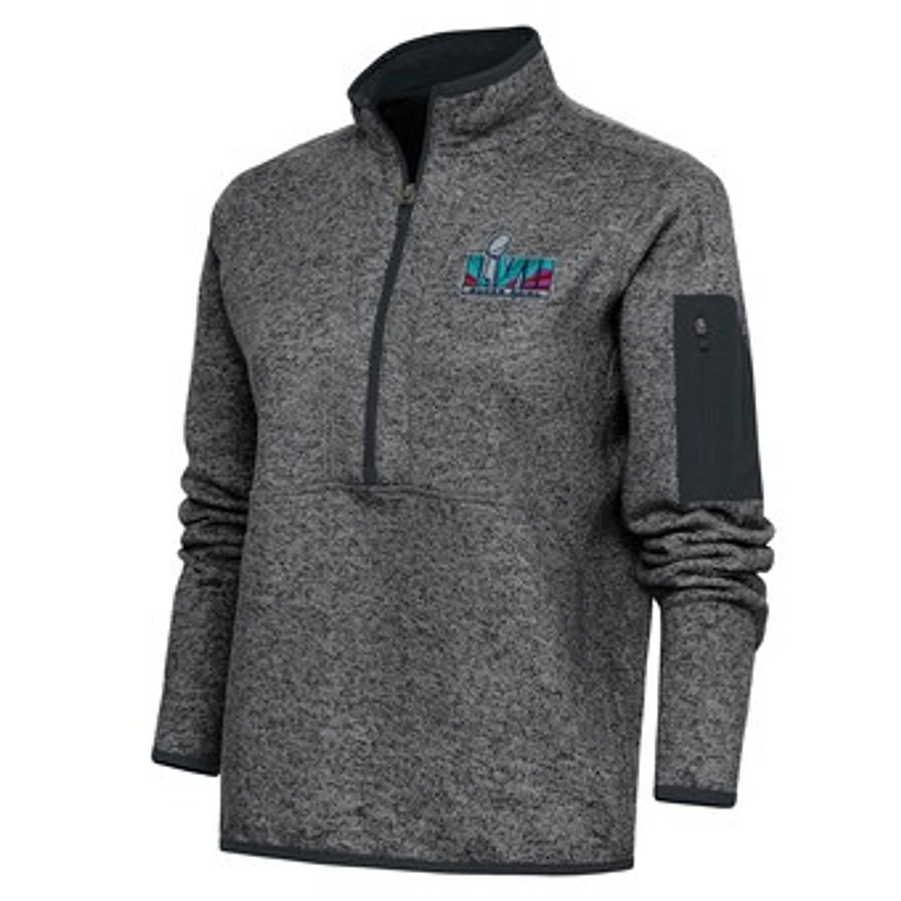 Women's Antigua Heather Charcoal Super Bowl LVII Fortune Quarter-Zip Pullover Jacket