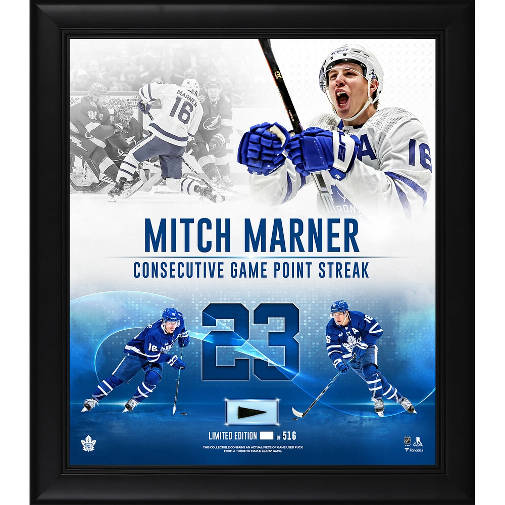 Mitch Marner Toronto Maple Leafs Framed 15" x 17" Franchise Record Point Streak Collage with Piece of Game-Used Puck - Limited Edition of 516