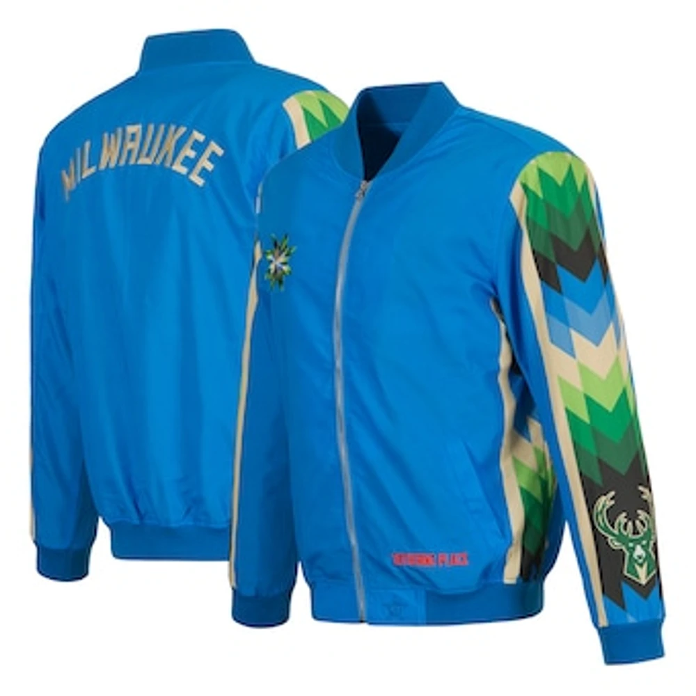 Men's JH Design Blue Milwaukee Bucks 2022/23 City Edition Full-Zip Nylon Bomber Jacket