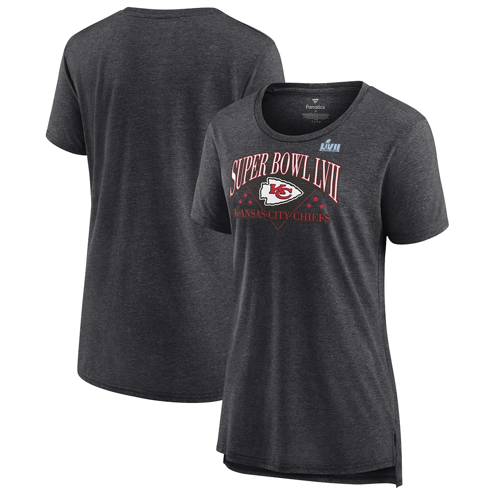 Women's Fanatics Heather Charcoal Kansas City Chiefs Super Bowl LVII Strategy Tri-Blend T-Shirt