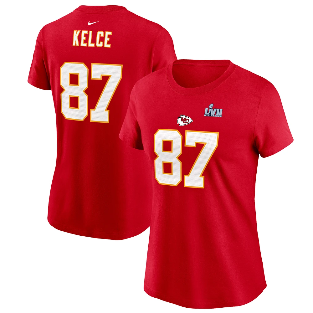 Women's Nike Travis Kelce Red Kansas City Chiefs Super Bowl LVII Name & Number T-Shirt