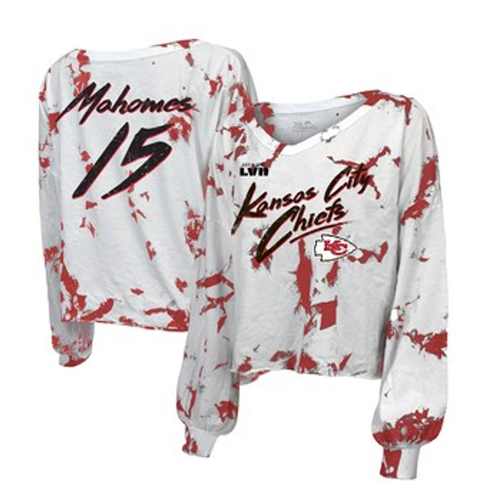 Women's Majestic Threads Patrick Mahomes White Kansas City Chiefs Super Bowl LVII Off-Shoulder Tie-Dye Name & Number Long Sleeve V-Neck T-Shirt