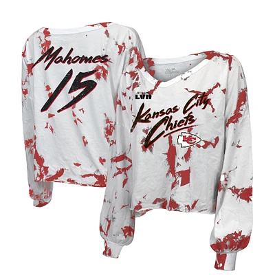 Women's Majestic Threads Patrick Mahomes White Kansas City Chiefs Super Bowl LVII Off-Shoulder Tie-Dye Name & Number Long Sleeve V-Neck T-Shirt