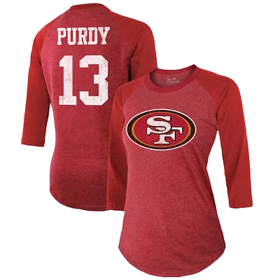 Women's Majestic Threads Brock Purdy Scarlet San Francisco 49ers Name & Number Tri-Blend Raglan 3/4 Sleeve T-Shirt