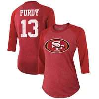 Women's Majestic Threads Brock Purdy Scarlet San Francisco 49ers Name & Number Tri-Blend Raglan 3/4 Sleeve T-Shirt