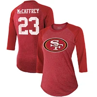 Women's Majestic Threads Christian McCaffrey Scarlet San Francisco 49ers Player Name & Number Tri-Blend 3/4-Sleeve Fitted T-Shirt