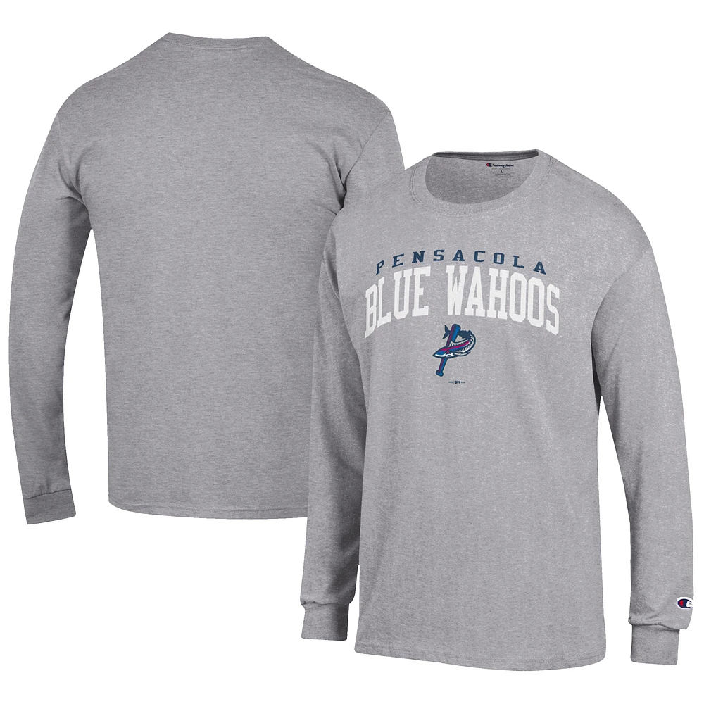Men's Champion Gray Pensacola Blue Wahoos Jersey Long Sleeve T-Shirt