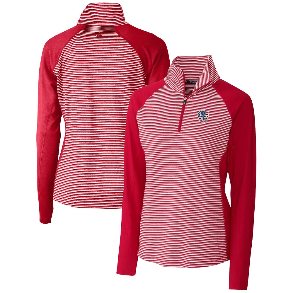 Women's Cutter & Buck Cardinal Milwaukee Brewers Americana Logo Forge Tonal Stripe Stretch Half-Zip Pullover Top