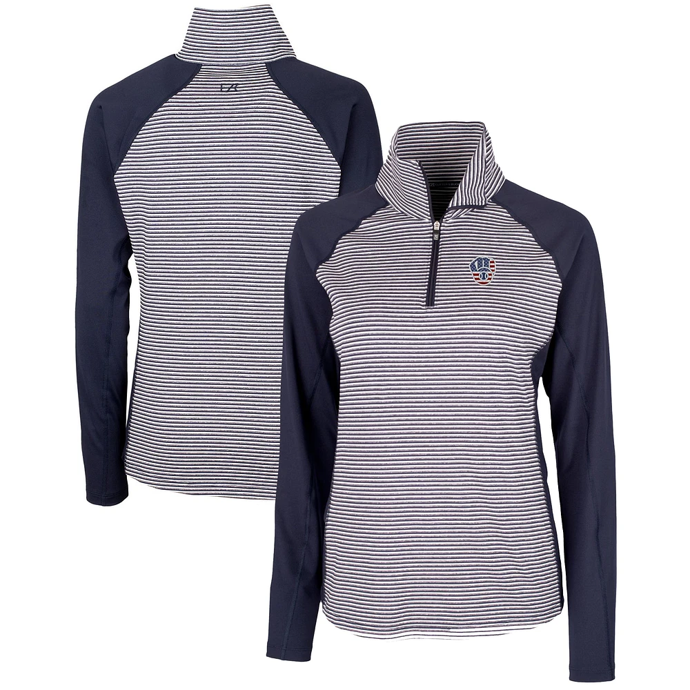 Women's Cutter & Buck Navy Milwaukee Brewers Americana Logo Forge Tonal Stripe Stretch Half-Zip Pullover Top