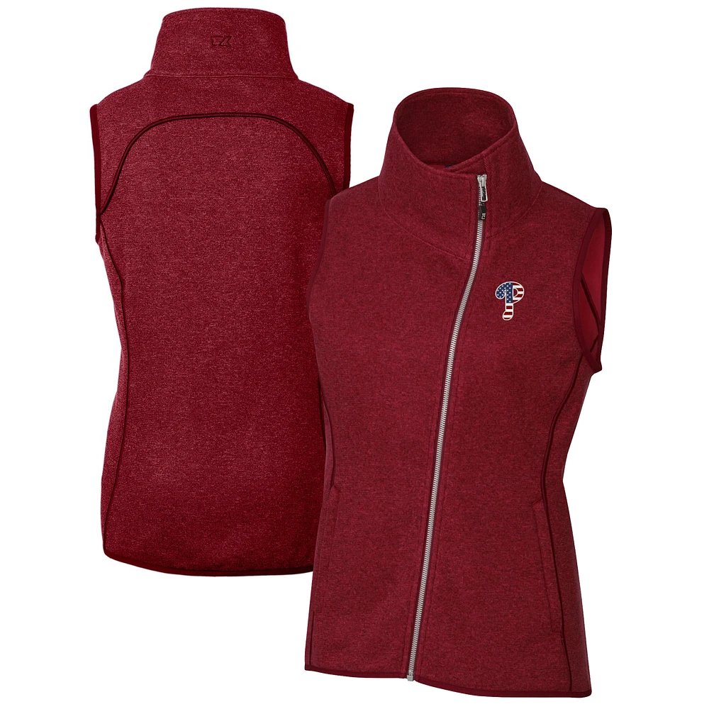 Women's Cutter & Buck Cardinal Philadelphia Phillies Americana Logo Mainsail Sweater-Knit Full-Zip Asymmetrical Vest