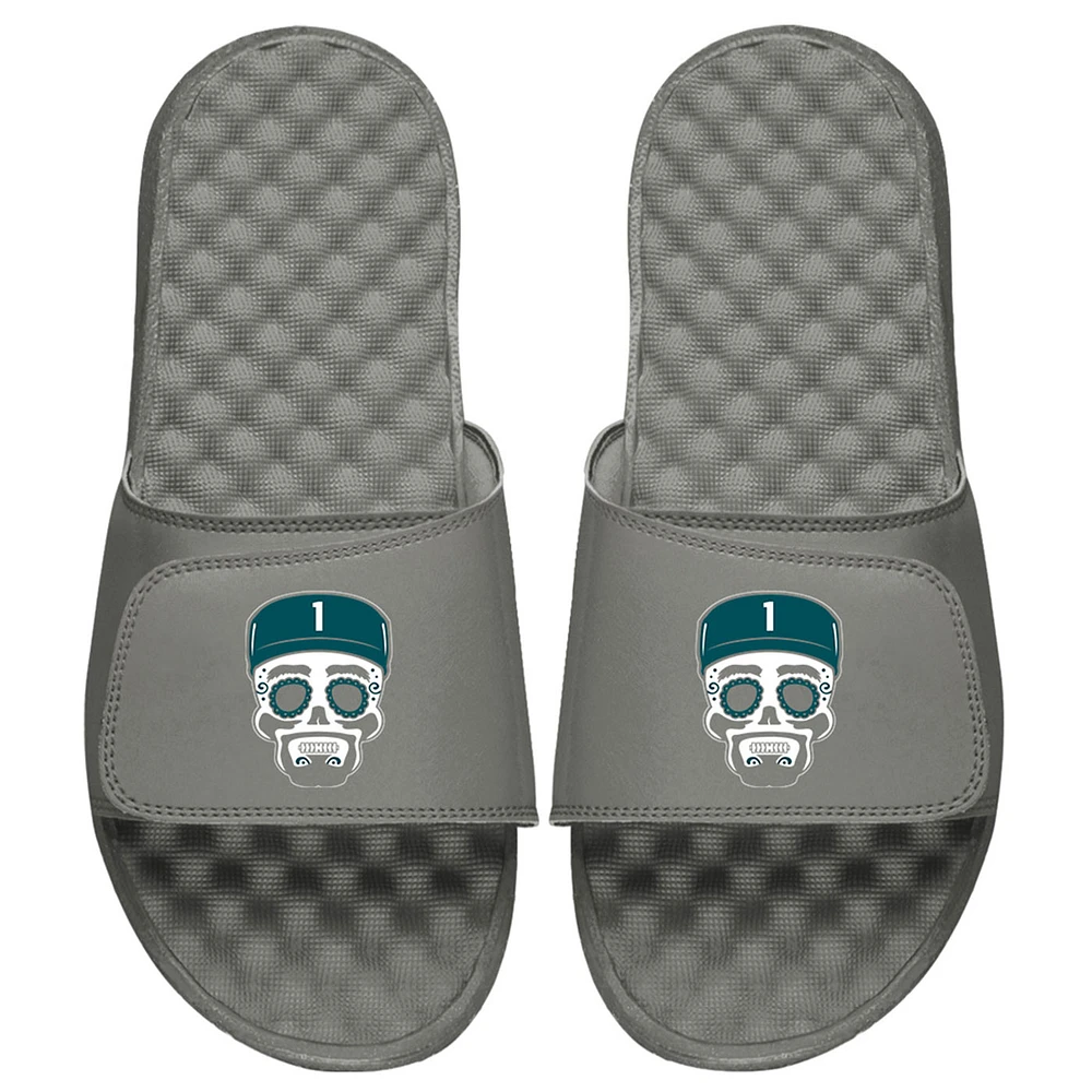 Men's ISlide x BreakingT Jalen Hurts Gray NFLPA Sugar Skull Slide Sandals