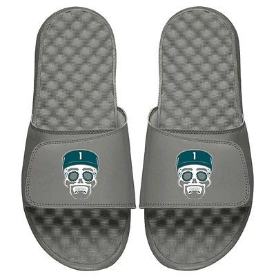 Men's ISlide x BreakingT Jalen Hurts Gray NFLPA Sugar Skull Slide Sandals