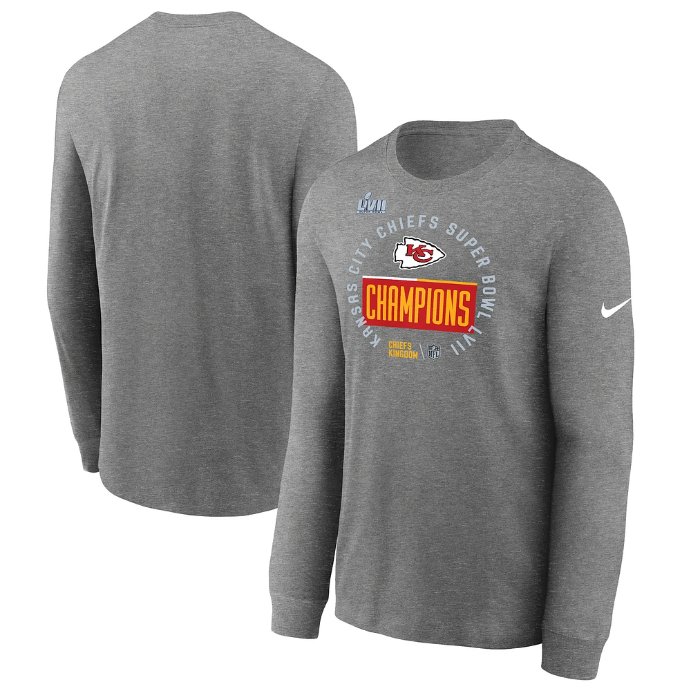 Men's Nike Heather Gray Kansas City Chiefs Super Bowl LVII Champions Locker Room Trophy Collection Long Sleeve T-Shirt