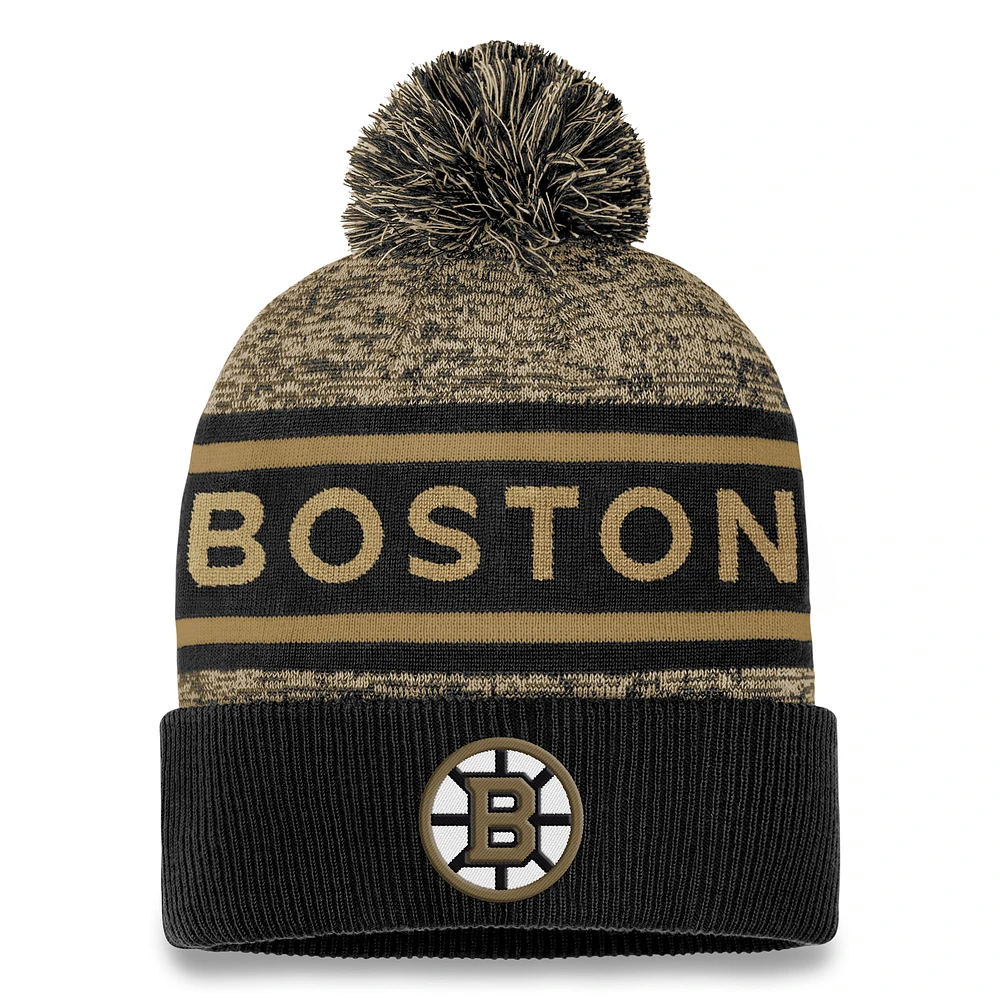 Men's Fanatics Black/Gold Boston Bruins Authentic Pro Cuffed Knit Hat with Pom