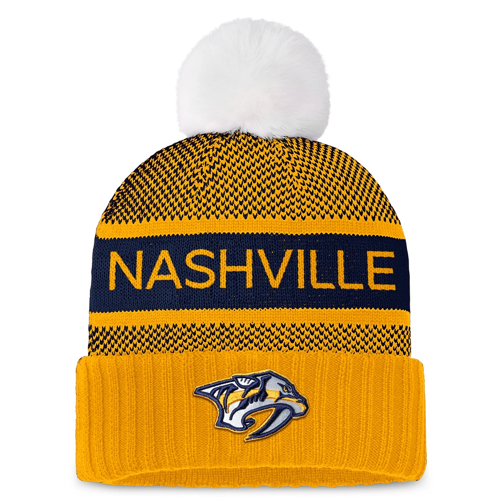 Women's Fanatics Gold/Navy Nashville Predators Authentic Pro Rink Cuffed Knit Hat with Pom