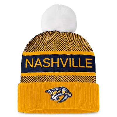 Women's Fanatics Gold/Navy Nashville Predators Authentic Pro Rink Cuffed Knit Hat with Pom