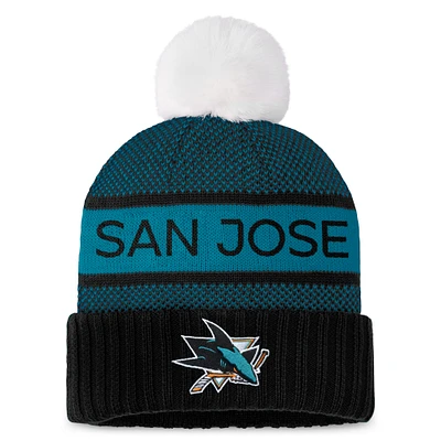 Women's Fanatics  Black/Teal San Jose Sharks Authentic Pro Rink Cuffed Knit Hat with Pom