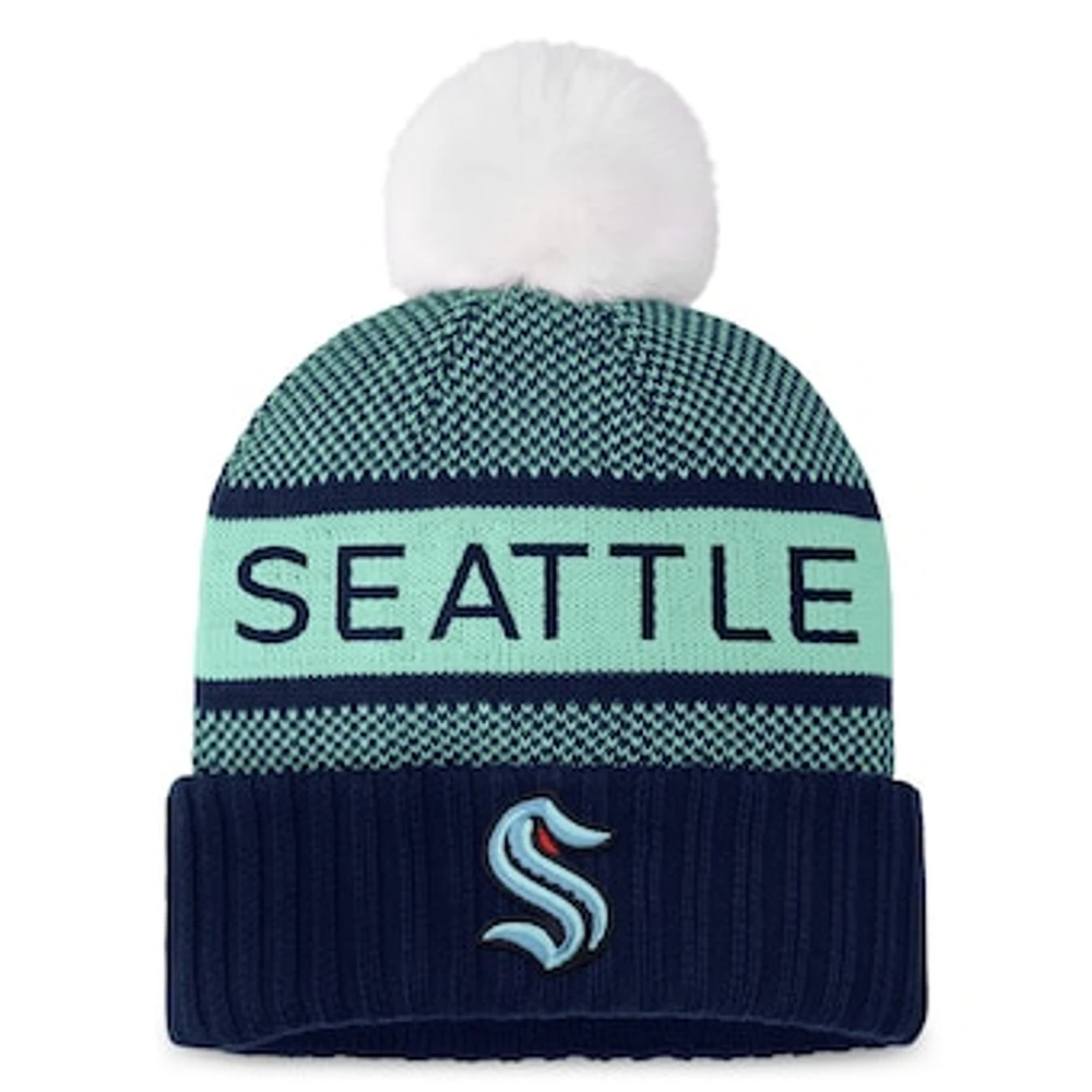 Women's Fanatics Deep Sea Blue/Light Blue Seattle Kraken Authentic Pro Rink Cuffed Knit Hat with Pom