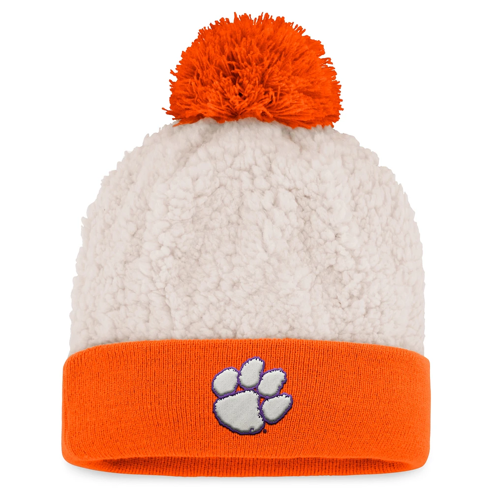 Women's Top of the World Cream Clemson Tigers Grace Sherpa Cuffed Knit Hat with Pom