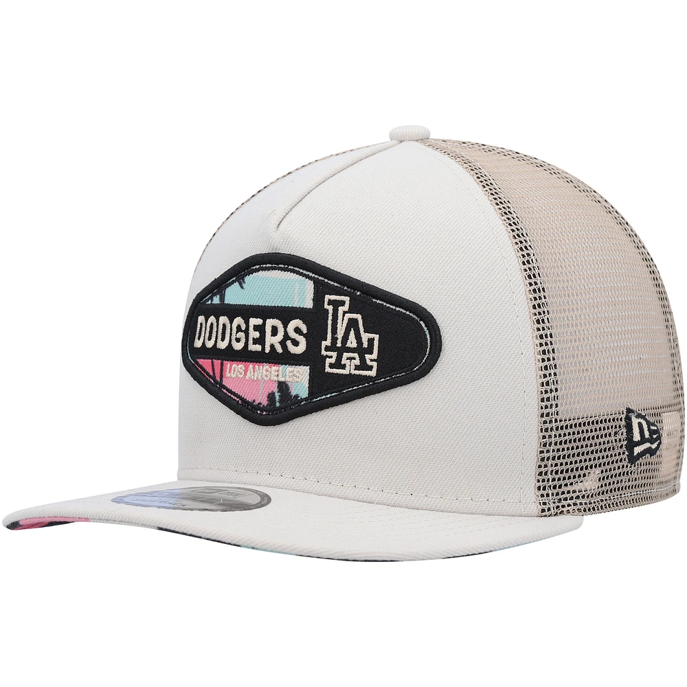 Men's New Era Natural Los Angeles Dodgers Retro Beachin' Patch A-Frame Trucker 9FIFTY Snapback Hat