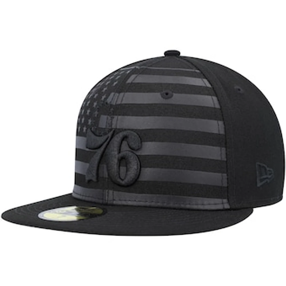 Men's New Era Philadelphia 76ers Black on Black Tonal Flag 59FIFTY Fitted Hat