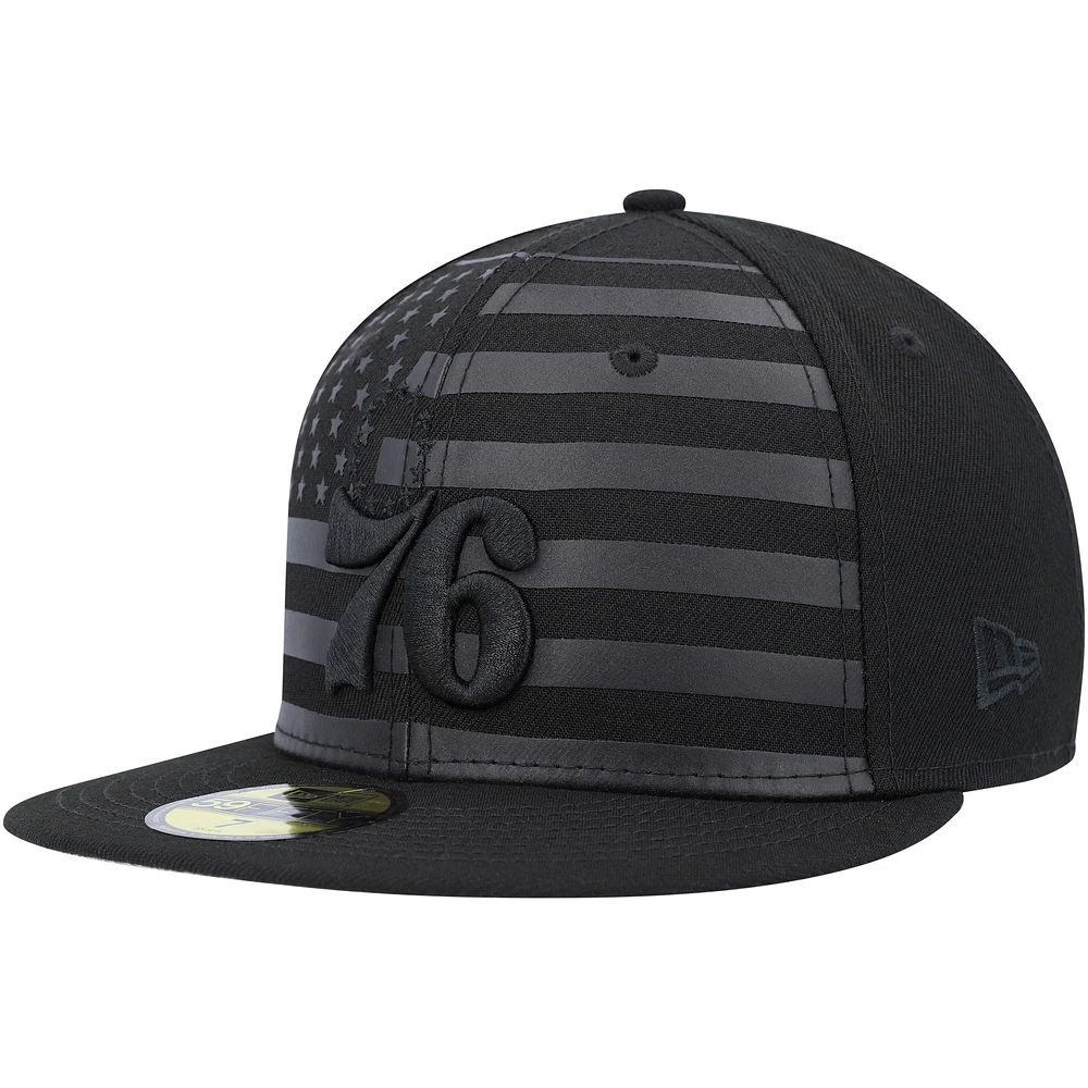 Men's New Era Philadelphia 76ers Black on Black Tonal Flag 59FIFTY Fitted Hat