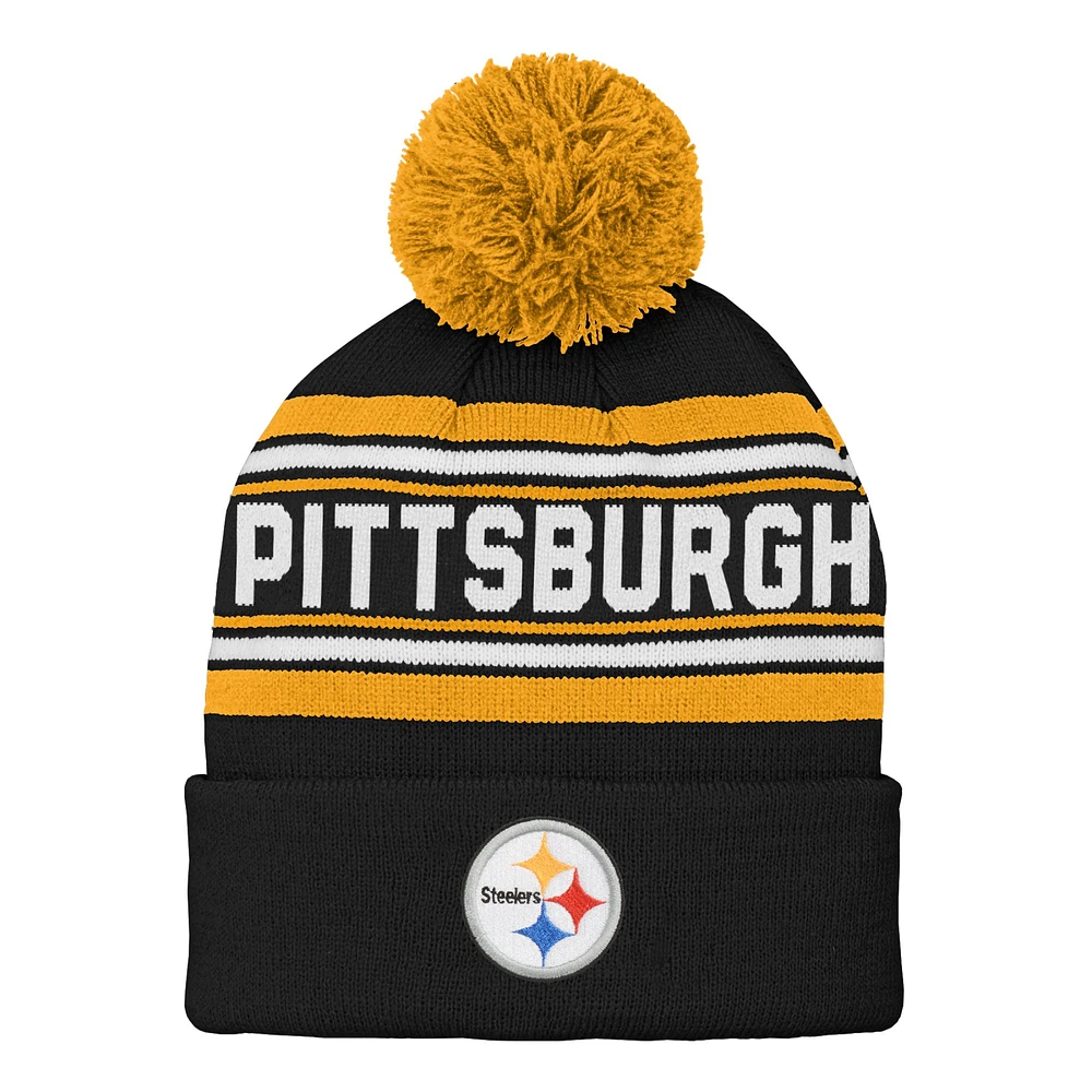 Youth Black Pittsburgh Steelers Jacquard Cuffed Knit Hat with Pom