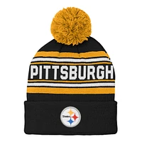 Youth Black Pittsburgh Steelers Jacquard Cuffed Knit Hat with Pom