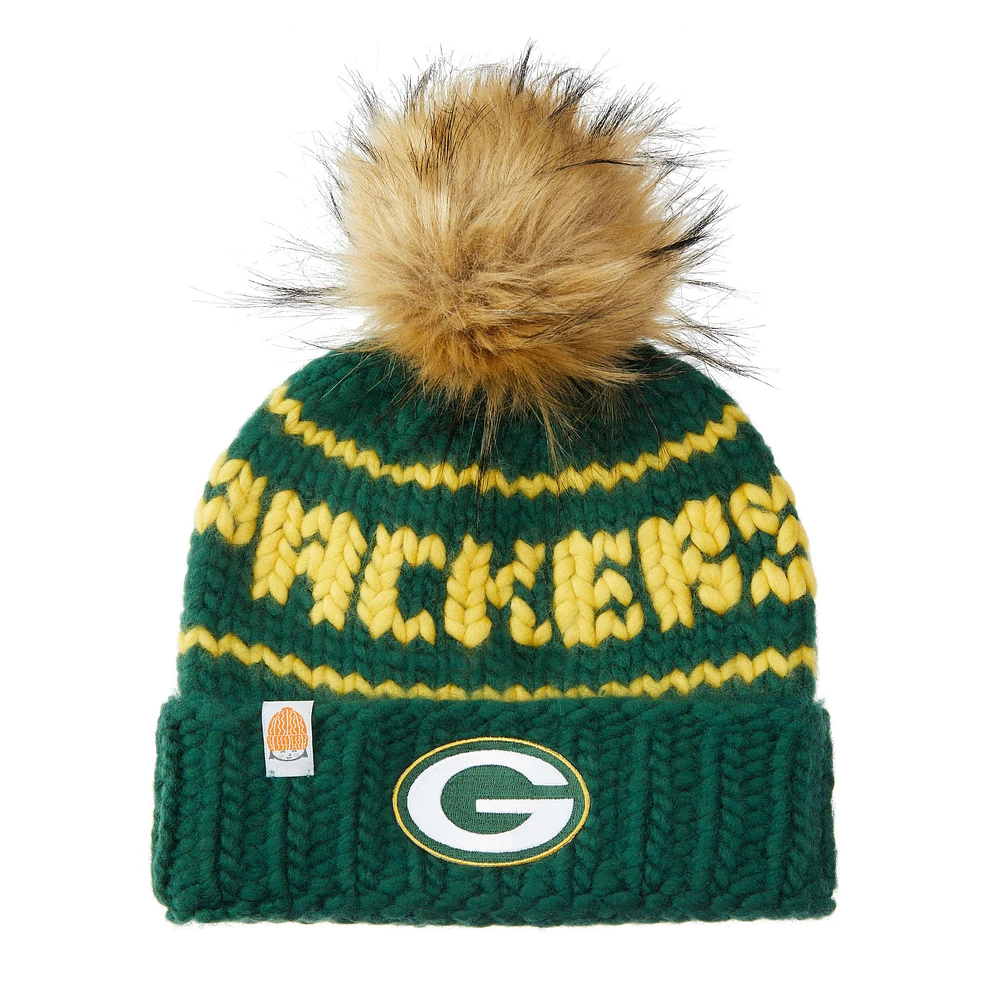 Women's Sh*t That I Knit Green Green Bay Packers Hand-Knit Brimmed Merino Wool Beanie with Faux Fur Pom Pom