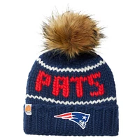 Women's Sh*t That I Knit Navy New England Patriots Hand-Knit Brimmed Merino Wool Beanie with Faux Fur Pom Pom