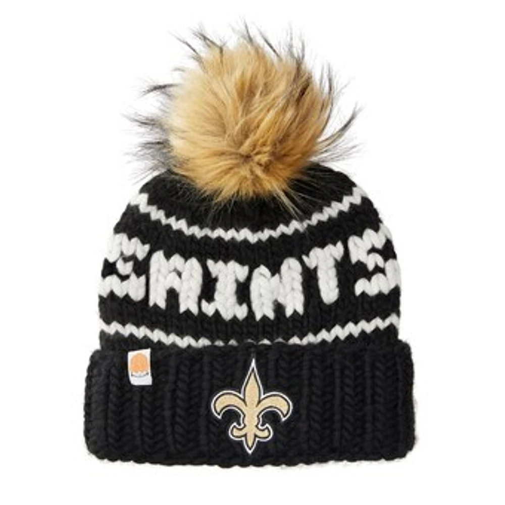 Women's Sh*t That I Knit Black New Orleans Saints Hand-Knit Brimmed Merino Wool Beanie with Faux Fur Pom Pom