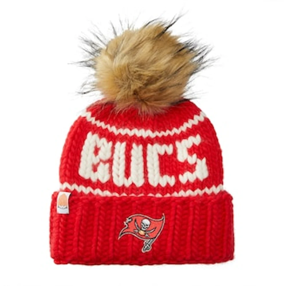 Women's Sh*t That I Knit Red Tampa Bay Buccaneers Hand-Knit Brimmed Merino Wool Beanie with Faux Fur Pom Pom