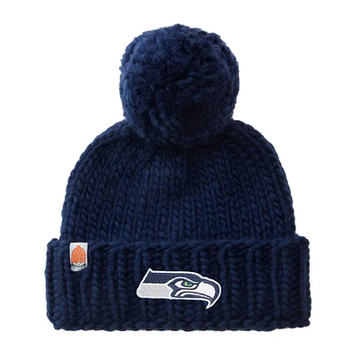 Women's Sh*t That I Knit Navy Seattle Seahawks Hand-Knit Brimmed Merino Wool Beanie with Yarn Pom Pom