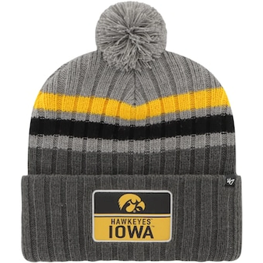 Men's '47 Charcoal Iowa Hawkeyes Stack Striped Cuffed Knit Hat with Pom