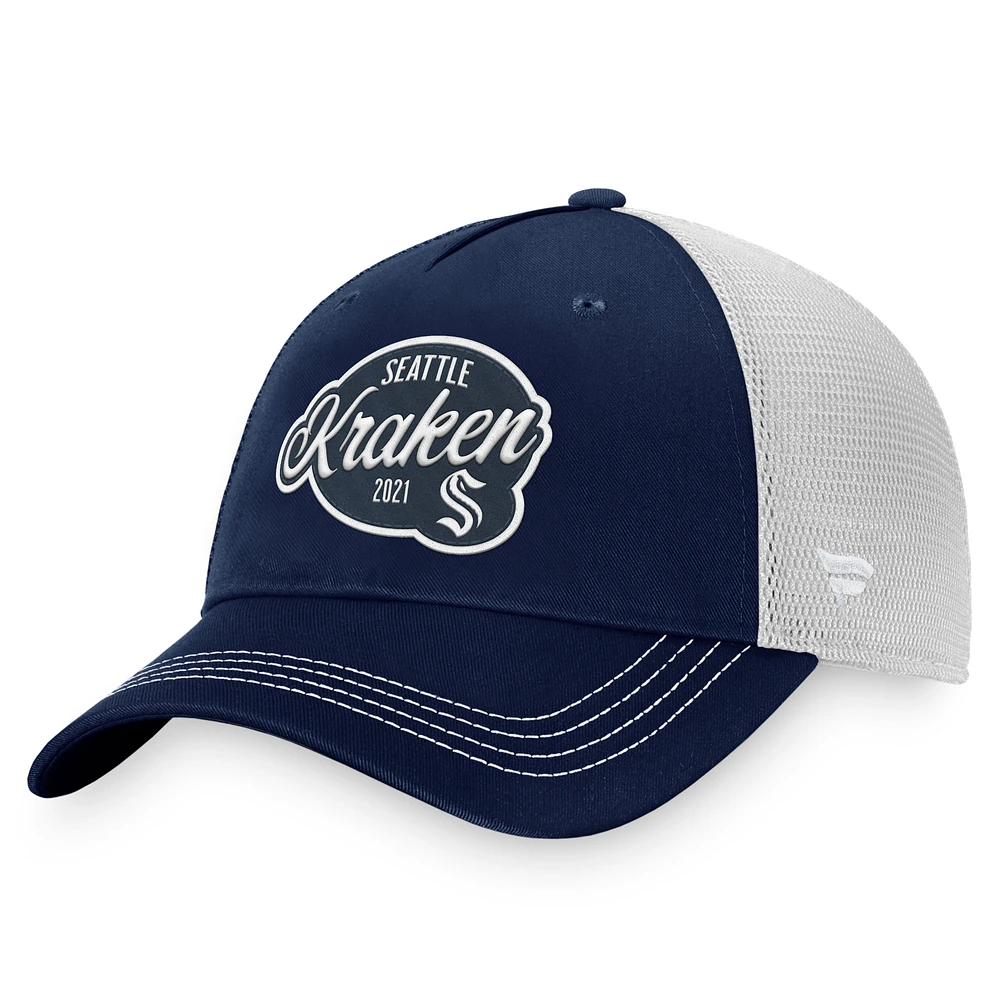 Women's Fanatics Deep Sea Blue/White Seattle Kraken Fundamental Trucker Adjustable Hat