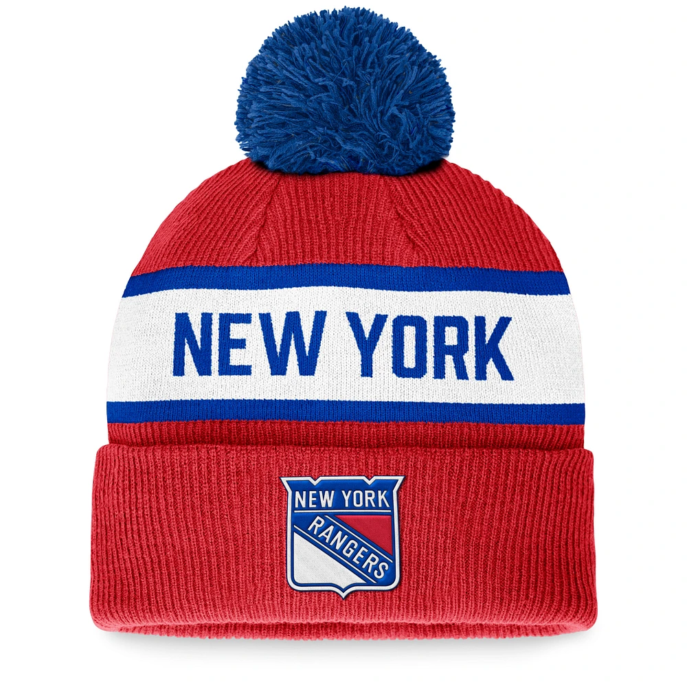 Men's Fanatics Red New York Rangers Fundamental Wordmark Cuffed Knit Hat with Pom