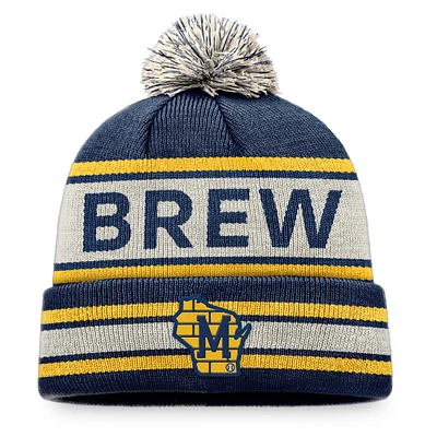 Men's Fanatics Navy/Natural Milwaukee Brewers Hometown Slogan Cuffed Knit Hat with Pom