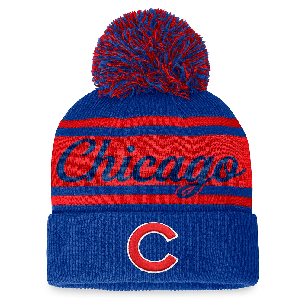 Women's Fanatics Royal/Red Chicago Cubs Script Cuffed Knit Hat with Pom