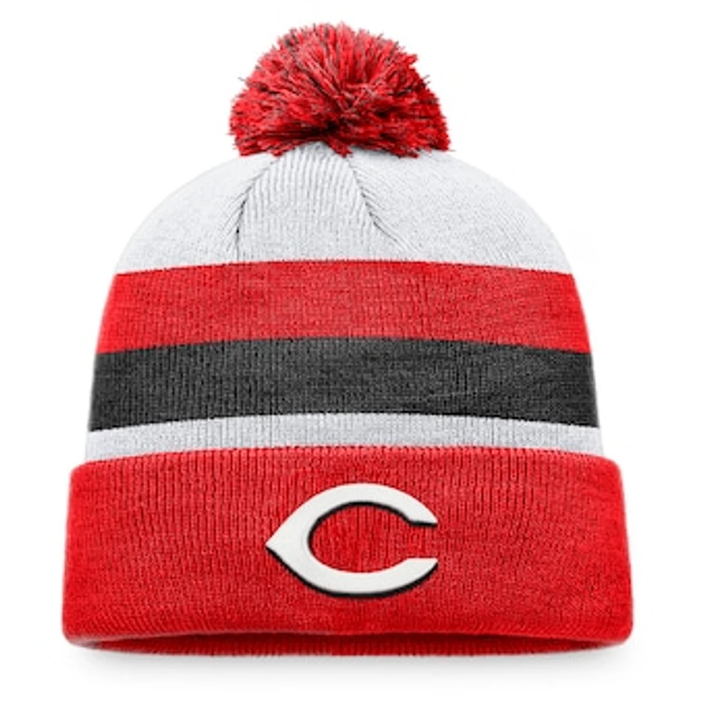 Men's Fanatics Red Cincinnati Reds Stripe Cuffed Knit Hat with Pom