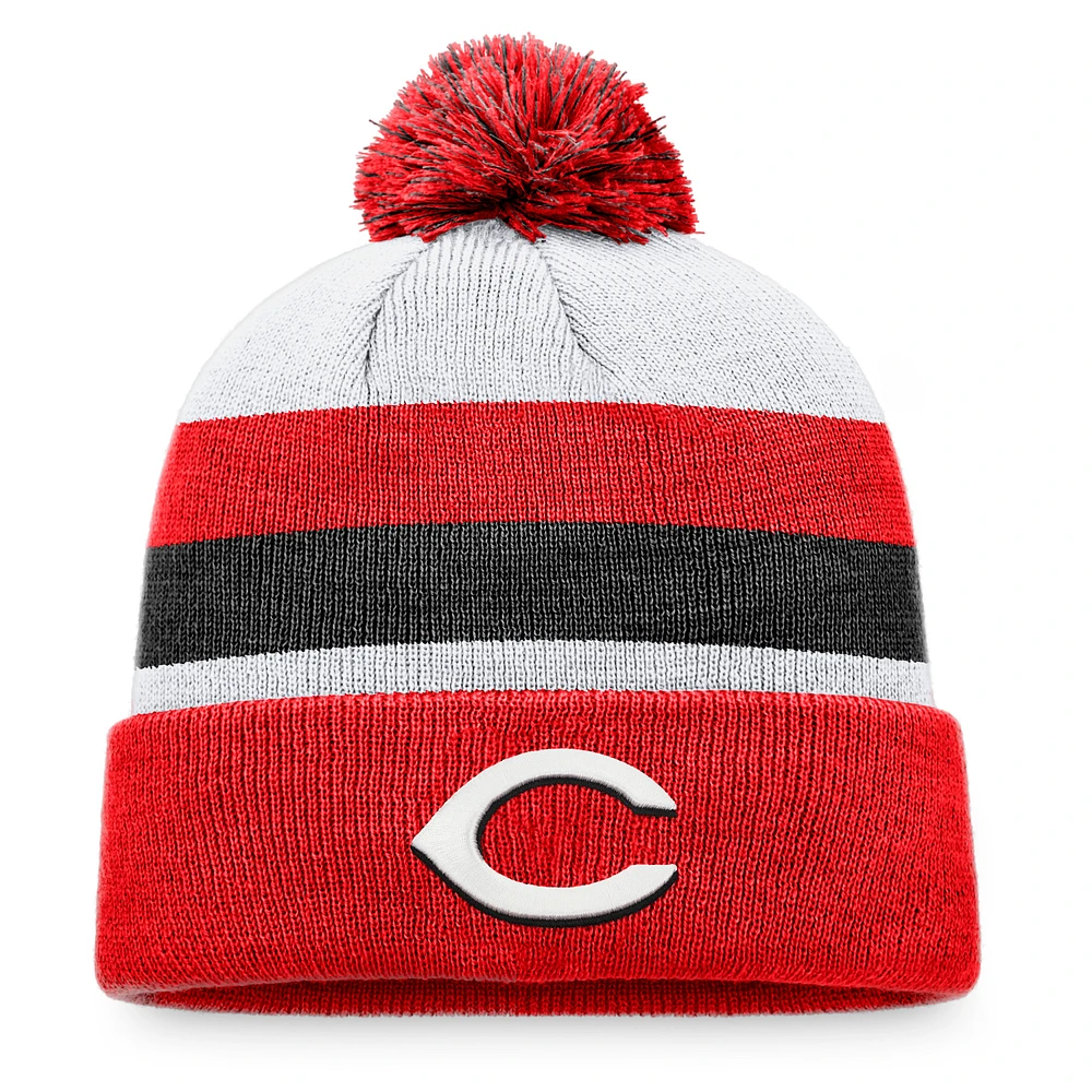 Men's Fanatics Red Cincinnati Reds Stripe Cuffed Knit Hat with Pom