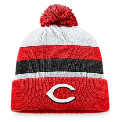 Men's Fanatics Red Cincinnati Reds Stripe Cuffed Knit Hat with Pom