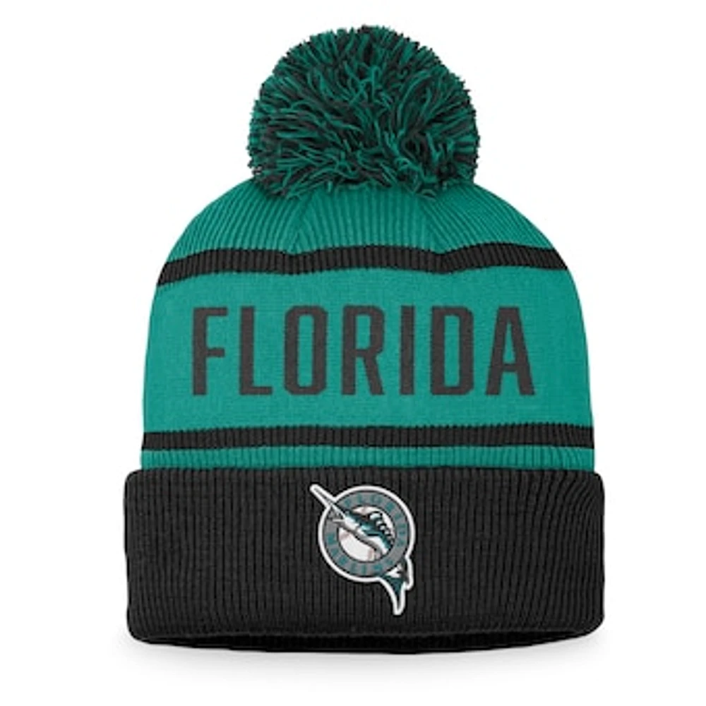 Men's Fanatics Black/Teal Florida Marlins Cooperstown Collection Cuffed Knit Hat with Pom