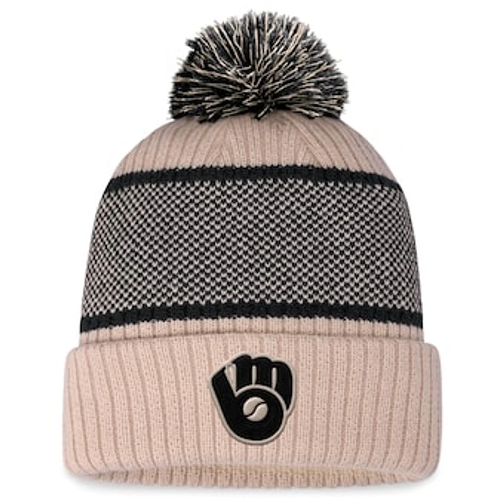 Women's Fanatics Natural/Black Milwaukee Brewers Cuffed Knit Hat with Pom