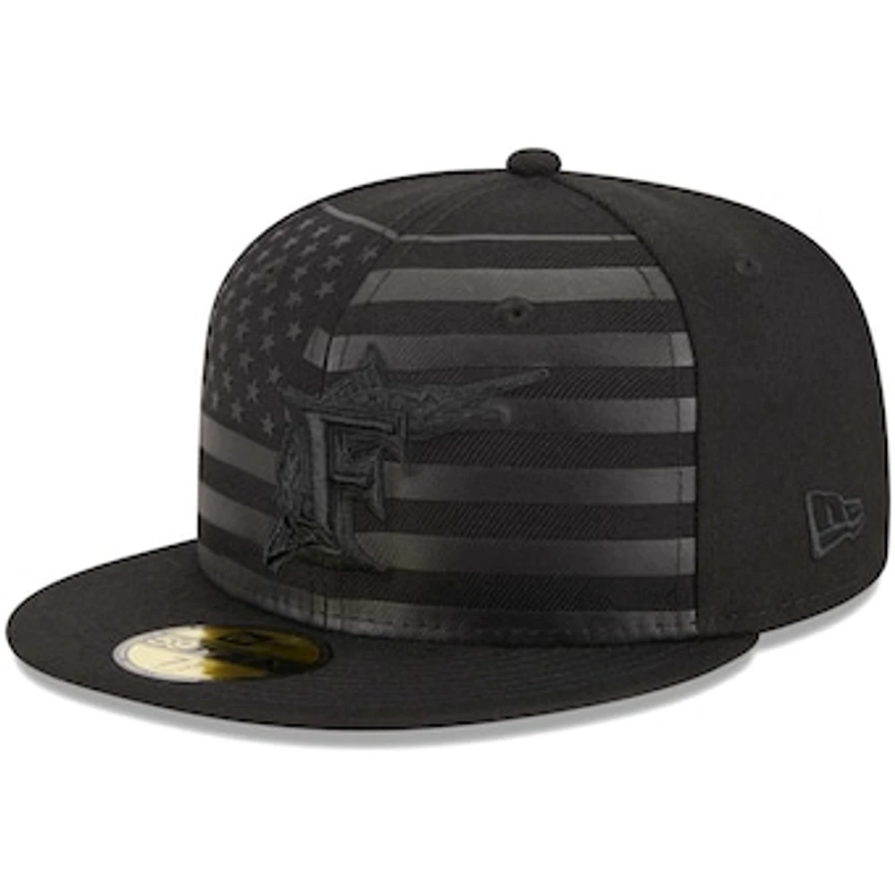 Men's New Era Black Florida Marlins Cooperstown Collection Tonal Flag 59FIFTY Fitted Hat